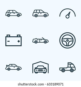Auto Outline Icons Set. Collection Of Convertible Model, Shed, Chronometer And Other Elements. Also Includes Symbols Such As Auto, Battery, Car.