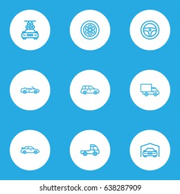 Auto Outline Icons Set. Collection Of Car, Rudder, Convertible Model And Other Elements. Also Includes Symbols Such As Gig, Washing, Shed.