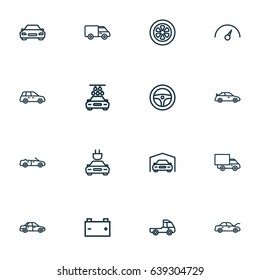 Auto Outline Icons Set. Collection Of Chronometer, Lorry, Convertible Model And Other Elements. Also Includes Symbols Such As Chronometer, Speedometer, Motor.