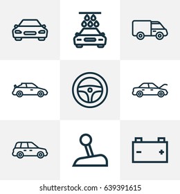 Auto Outline Icons Set. Collection Of Stick, Accumulator, Caravan And Other Elements. Also Includes Symbols Such As Steering, Car, Hood.