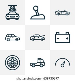 Auto Outline Icons Set. Collection Of Car, Accumulator, Chronometer And Other Elements. Also Includes Symbols Such As Wheel, Chronometer, Car.