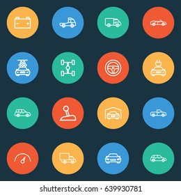 Auto Outline Icons Set. Collection Of Carcass, Shed, Caravan And Other Elements. Also Includes Symbols Such As Caravan, Bus, Stick.