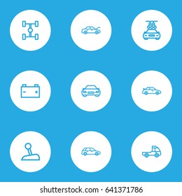 Auto Outline Icons Set. Collection Of Truck, Accumulator, Stick And Other Elements. Also Includes Symbols Such As Wheelbase, Level, Mover.