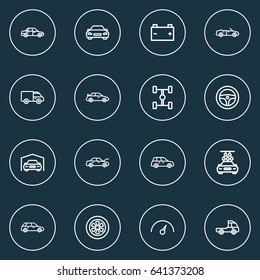 Auto Outline Icons Set. Collection Of Car, Wheel, Bonnet And Other Elements. Also Includes Symbols Such As Battery, Bus, Drive.