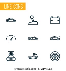 Auto Outline Icons Set. Collection Of Convertible Model, Washing, Truck And Other Elements. Also Includes Symbols Such As Speedometer, Charge, Prime.