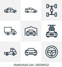 Auto Outline Icons Set. Collection Of Crossover, Washing, Shed And Other Elements. Also Includes Symbols Such As Water, Bus, Mover.