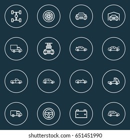 Auto Outline Icons Set. Collection Of Van, Accumulator, Caravan And Other Elements. Also Includes Symbols Such As Van, Rudder, Automobile.