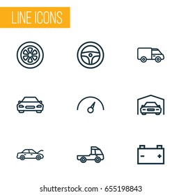 Auto Outline Icons Set. Collection Of Wheel, Chronometer, Bonnet And Other Elements. Also Includes Symbols Such As Caravan, Speedometer, Shed.