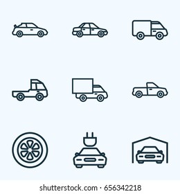 Auto Outline Icons Set. Collection Of Sedan, Electric Car, Wheel And Other Elements. Also Includes Symbols Such As Sports, Auto, Truck.