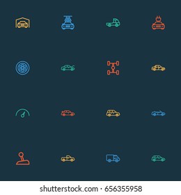 Auto Outline Icons Set. Collection Of Truck, Stick, Bonnet And Other Elements. Also Includes Symbols Such As Chronometer, Sedan, Speedometer.