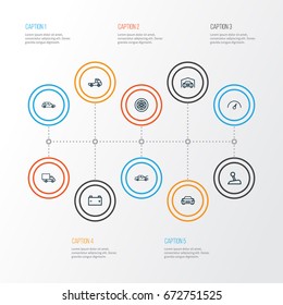 Auto Outline Icons Set. Collection Of Automobile, Lorry, Wheel And Other Elements. Also Includes Symbols Such As Wheel, Disk, Car.