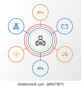 Auto Outline Icons Set. Collection Of Hatchback, Sedan, Electric Car And Other Elements. Also Includes Symbols Such As Wagon, Electricity, Caravan.