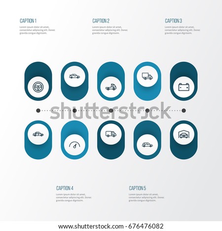Auto Outline Icons Set. Collection Of Truck, Caravan, Lorry And Other Elements. Also Includes Symbols Such As Wheel, Counter, Accumulator.