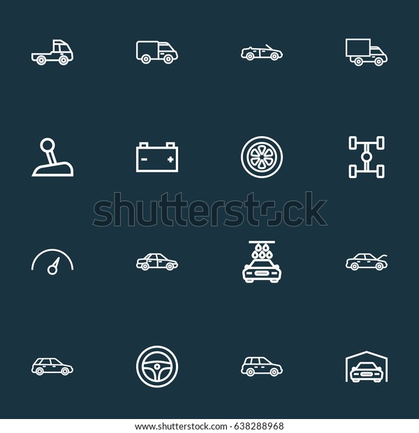 Auto Outline Icons Set. Collection Of Car,\
Truck, Convertible Model And Other Elements. Also Includes Symbols\
Such As Wheelbase, Rudder,\
Battery.