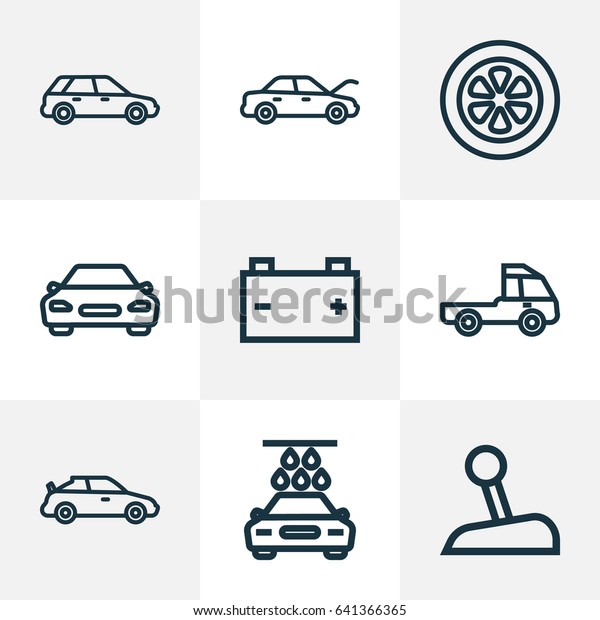Auto Outline Icons Set. Collection Of Washing,\
Wheel, Hatchback And Other Elements. Also Includes Symbols Such As\
Bus, Battery, Prime.