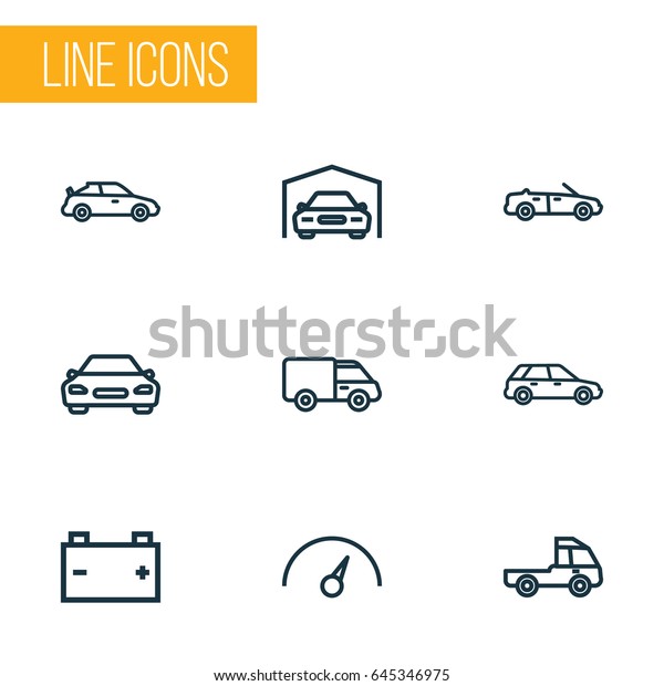Auto Outline Icons Set.\
Collection Of Automobile, Chronometer, Accumulator And Other\
Elements. Also Includes Symbols Such As Garage, Crossover,\
Sports.