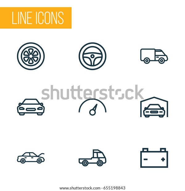 Auto Outline Icons Set. Collection Of Wheel,\
Chronometer, Bonnet And Other Elements. Also Includes Symbols Such\
As Caravan, Speedometer,\
Shed.