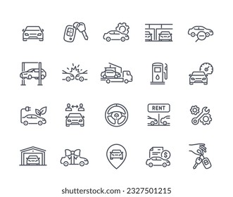 Ajuste de iconos de contorno automático. Alquiler y venta, reparación y revisión técnica de coches. Sencillos stickers con transporte y viaje en estilo de arte en línea. Colección lineal vectorial aislada en fondo blanco