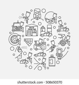 Auto painting linear illustration. Vector circular symbol made with spray gun and car paint icons in outline style