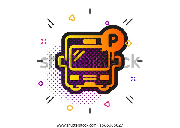 Auto\
park sign. Halftone circles pattern. Bus parking icon. Transport\
place symbol. Classic flat bus parking icon.\
Vector