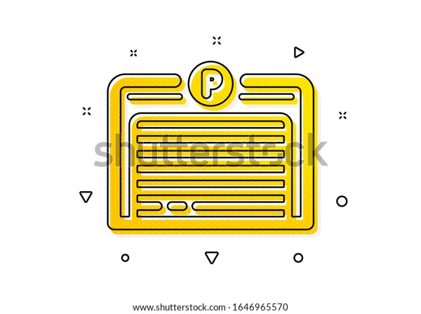 Auto park sign. Parking garage icon. Car place\
symbol. Yellow circles pattern. Classic parking garage icon.\
Geometric elements.\
Vector