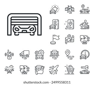 Señal de estacionamiento automático. Iconos de contorno de plano, cadena de suministro y ubicación de lugar. Icono de línea de garaje de estacionamiento. Símbolo del lugar del coche. Señal de la línea del garaje de estacionamiento. Transporte de taxi, alquiler de un icono de la bici. Mapa de viaje. Vector