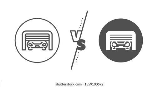 Auto park sign. Versus concept. Parking garage line icon. Car place symbol. Line vs classic parking garage icon. Vector