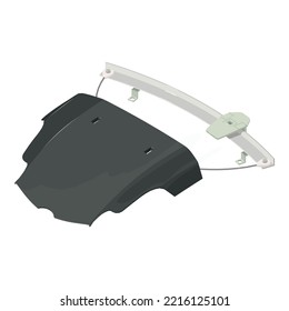 Icono de pieza automática vector isométrico. Icono negro del regulador de ventanas y del capó del coche nuevo. Pieza de repuesto para automóviles