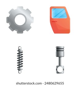 Auto part icons set cartoon vector. New spare part for car. Auto repair service