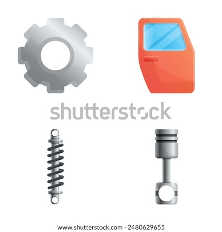 Auto part icons set cartoon vector. New spare part for car. Auto repair service