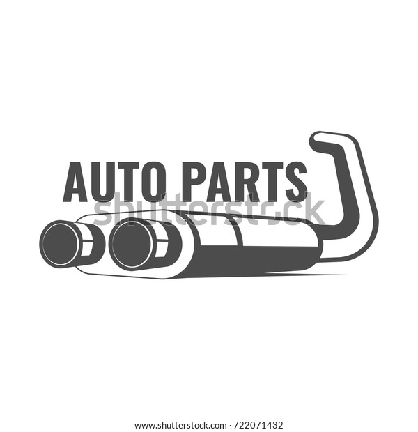 Auto parts banner logo with\
exhaust system, car parts logo isolated on white background\
vector\
