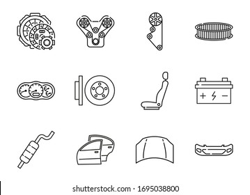 Auto parts for car service flat line icon set. Vector illustrations to indicate product categories in the online auto parts store. Car repair. Clutch, engine, timing belt, brake disk, exhaust