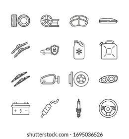 Auto parts for car service line icon set. Vector illustrations to indicate product categories in the online Car parts store. Repair. Brake pad, wheel, tire, wiper blade, spark plug, brake rotor