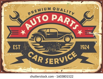 Auto parts and car service old vintage sign with Oldsmobile on gold metal background. Retro signboard for transportation industry. Vector illustration.