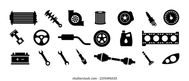 Auto parts. Car spare parts. Set of vector black icons. Big set of spare parts. Vector clipart isolated on white background.