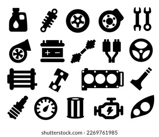 Auto parts. Car spare parts. Set of vector black icons. Big set of spare parts. Vector clipart isolated on white background.