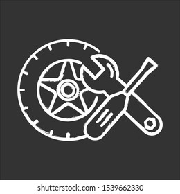 Auto Parts Chalk Icon. Car Mechanic. Wheel And Instruments. Repair Service Maintenance Concept. E Commerce Department, Online Shopping Categories. Isolated Vector Chalkboard Illustration