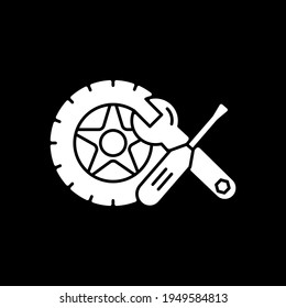 Auto parts dark mode glyph icon. Car repair and maintenance service. Mechanic workshop equipment. Online store category. White silhouette symbol on black space. Vector isolated illustration