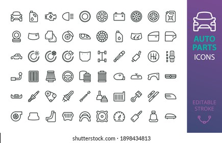Auto parts icon set. Set of car part, engine, tyre, oil can, glass, brake, clutch, air filter, turbocharger, car light, door, mirror, headlight, lamp, wiper, suspension, motor isolated vector icons.