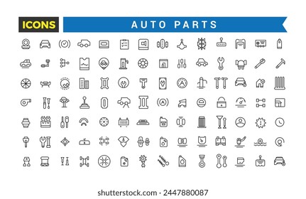 Conjunto De Iconos De Piezas De Automóviles, Iconos De Vectores De Piezas De Automóviles, Conjunto De Iconos De Línea De Vector Con Servicio De Automóvil De Camino Abierto, Reparación Y Transporte De Automóviles Con Elementos Para Conceptos Móviles Y App De Web, Ilustración vectorial