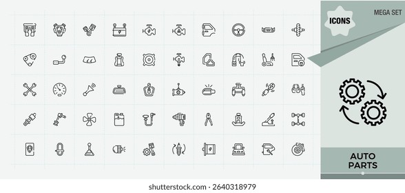 Auto Parts icon set. Contains outline symbols like part, spare, auto, automobile, service and more. Service icon collection. Trendy minimal icons. Vector artwork and illustration.