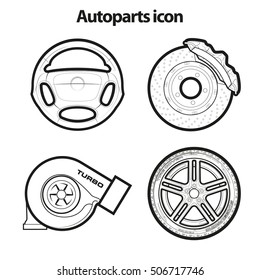 Auto parts icons sketch, duplicates banner, Set of thematic spare parts icons, road symbols, poster repair parts