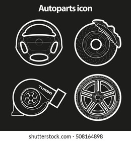 Auto parts icons sketch, duplicates banner, Set of thematic spare parts icons, road symbols, poster repair parts