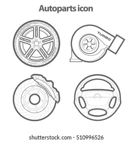 Auto parts icons sketch, duplicates banner, Set of thematic spare parts icons, road symbols, poster repair parts