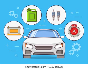 Auto parts infographic design element.Car mechanic service. Brake rotor,accumulator battery,fuel canister.Vehicle front view. Flat line art vector.Repair service.