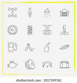 Auto Parts line icon set chassis car, car battery and shock absorber 