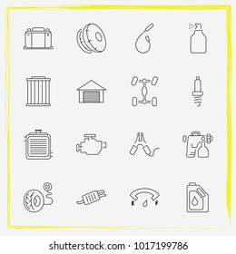 Auto Parts line icon set car battery, battery terminal and oil change