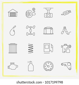 Auto Parts line icon set tail-pipe, speedometer and auto garage