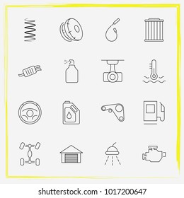 Auto Parts line icon set tail-pipe, airbag on and car window spray