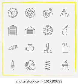 Auto Parts line icon set car window spray, coolant and steering wheel 